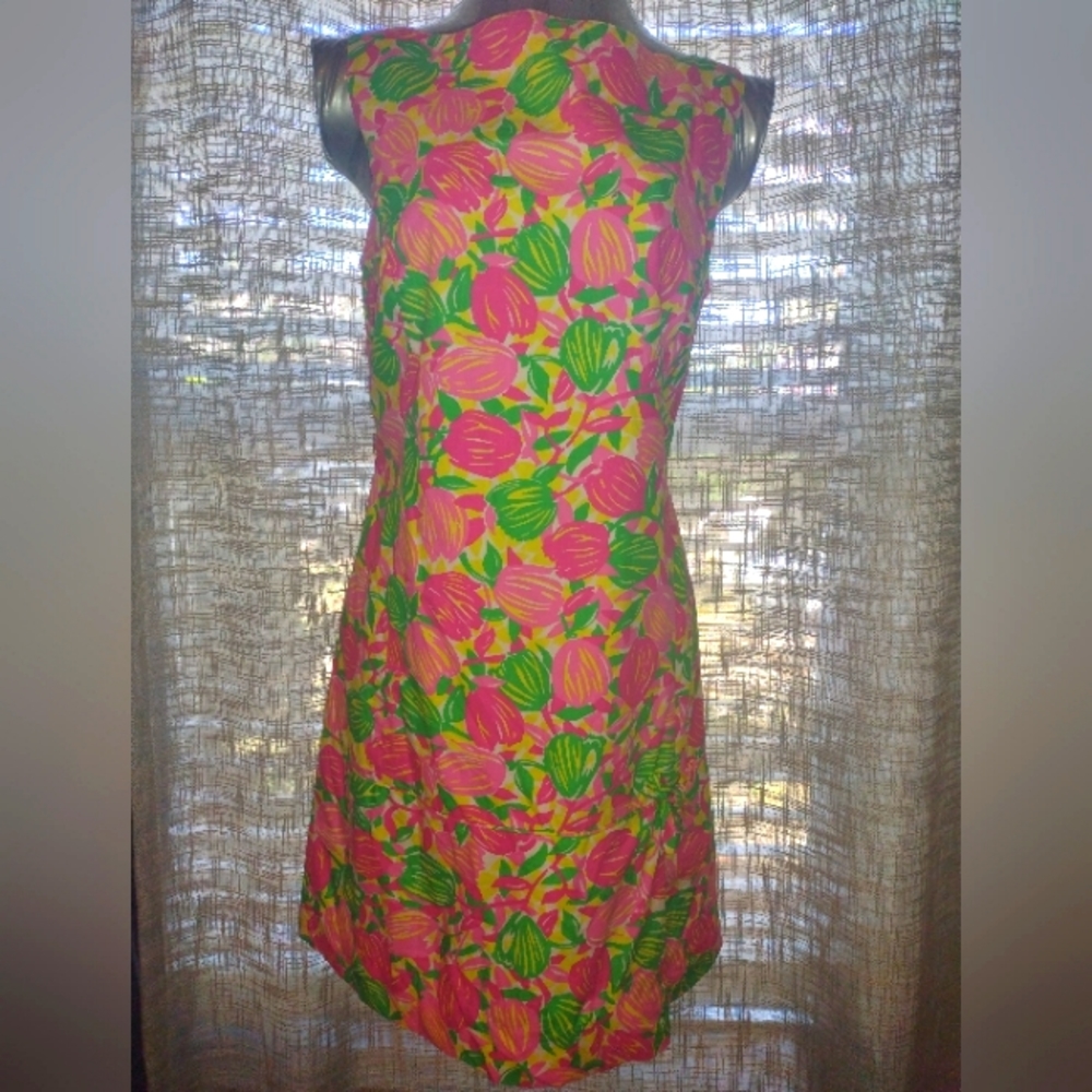 Lilly Pulitzer 90s Pink & Green Tulip Women's Dress Boat Neck Dress Size 8